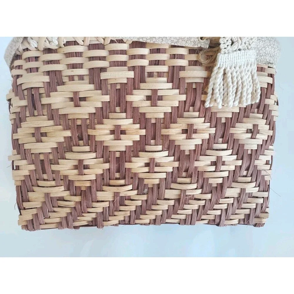 Vintage Handmade Brown & Tan Woven Basket Lined Tote Handbag W/Crochet Handles